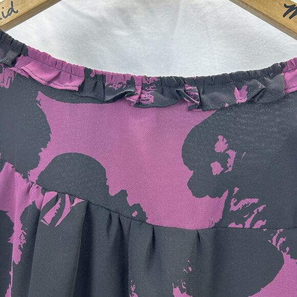 a.n.a. Floral Tunic Top XL Black Purple Blouse Keyhole Shirt Sheer Sleeve - Picture 9 of 10